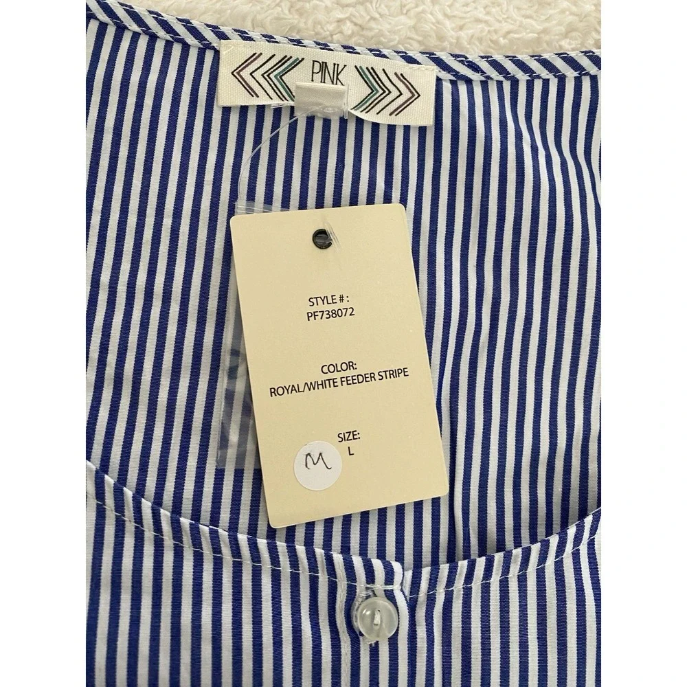 New Pink Rose Women's L Blue Striped Cotton Short Sleeve Blouse with Bow‎ Tie